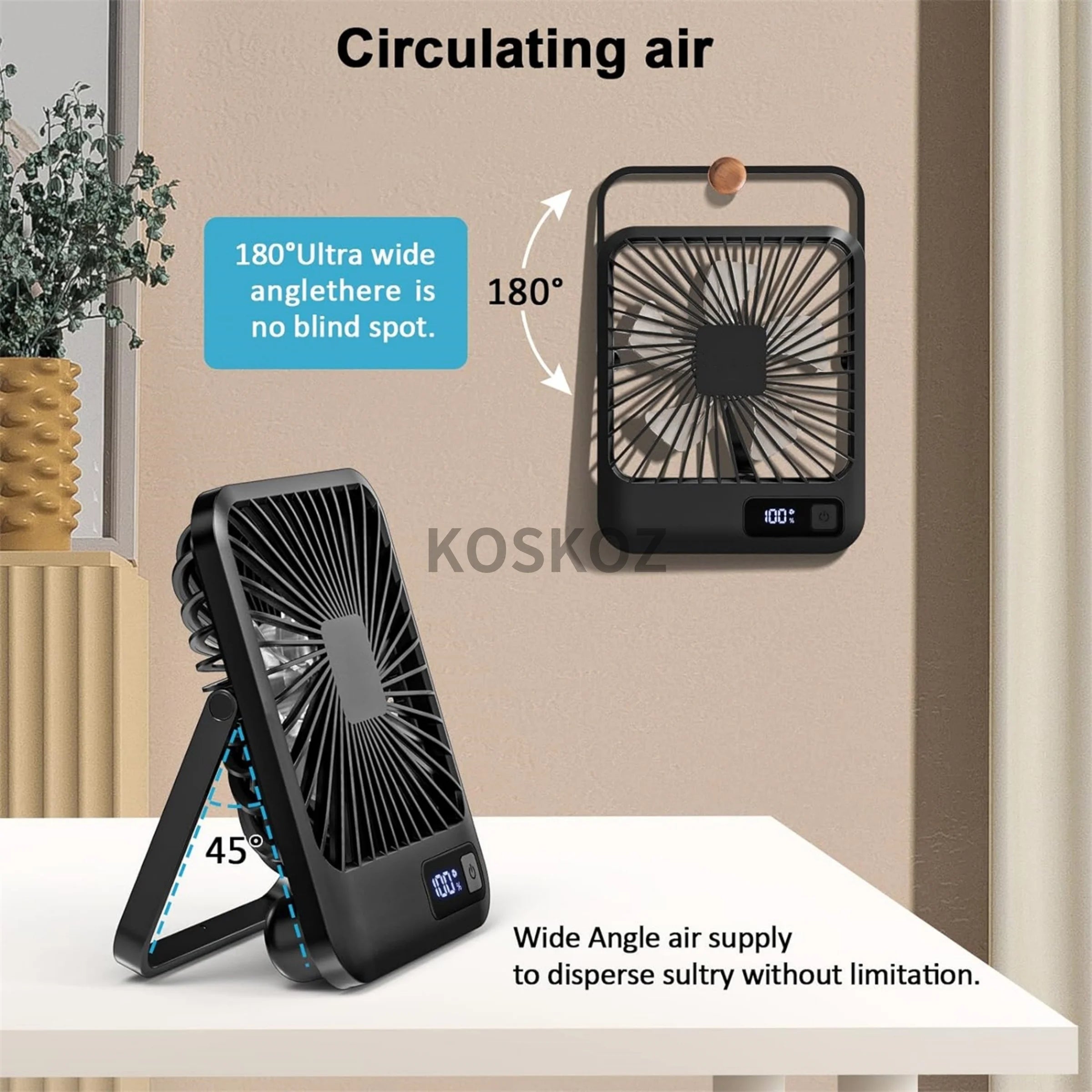 Ventilateur de Bureau USB Rechargeable Pliable 180° 5 Vitesses Affichage Batterie – CLEVI Paris