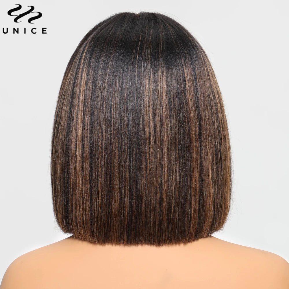 Perruque BOB Yaki Straight Balayage Highlights Frange 4x2 Lace Glueless 100% Cheveux Humains 10-14 Pouces – CLEVI Paris