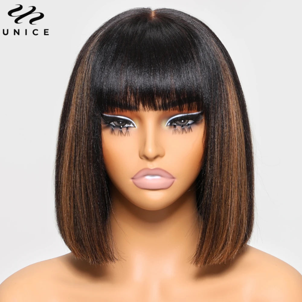 Perruque BOB Yaki Straight Balayage Highlights Frange 4x2 Lace Glueless 100% Cheveux Humains 10-14 Pouces – CLEVI Paris