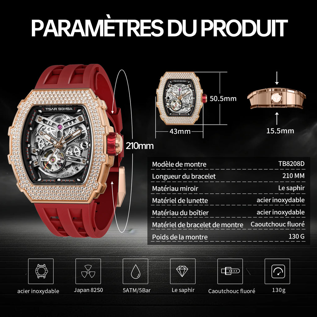 Montre Homme TSAR BOMBA TB8208D – Automatique Miyota, Squelette Tourbillon, Verre Saphir, Boîtier Tonneau Acier 316L, Étanche 5 ATM – CLEVI Paris