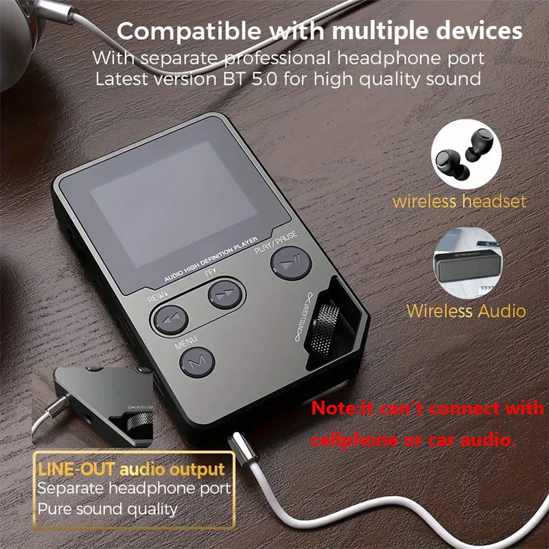 Lecteur MP3 Bluetooth 8 Go – Boîtier Zinc, 50h d'autonomie, Radio FM & Enregistreur