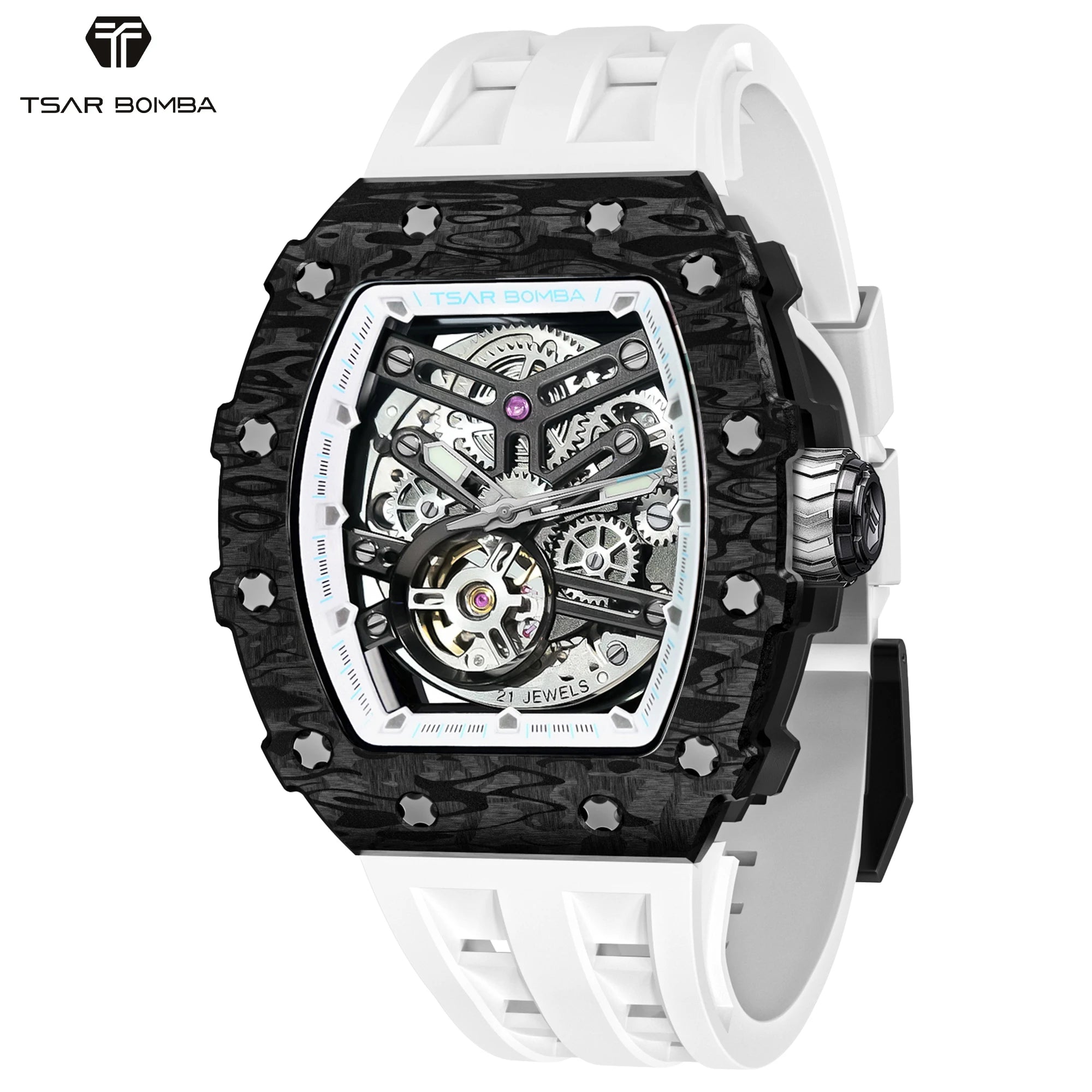 Montre Homme Automatique Squelette Tonneau Carbone Roue 7h Tsar Bomba TB8208CF – CLEVI Paris
