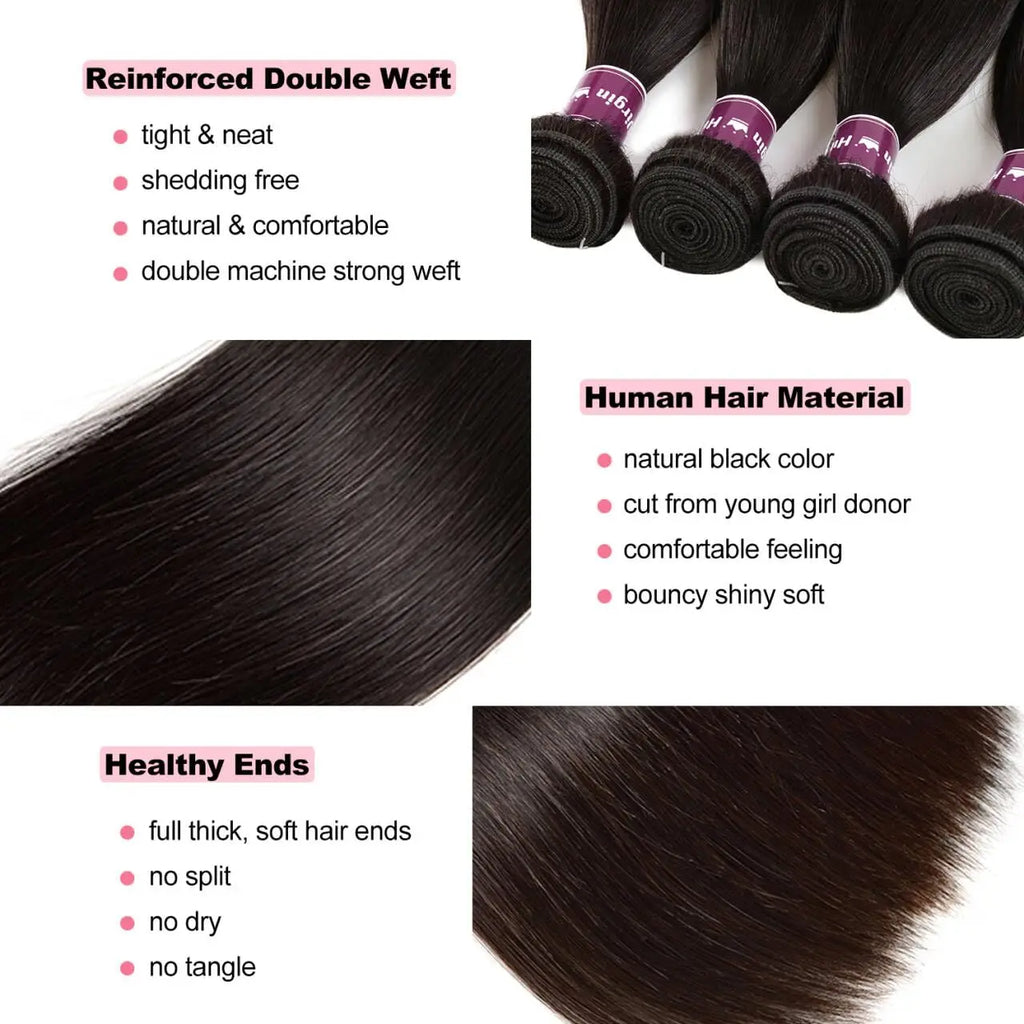 Mèches Straight Cheveux Humains Remy Hair 12A Brésilien Vierge Non Traité 1/3/4 Bundles 10-42 Pouces – CLEVI Paris