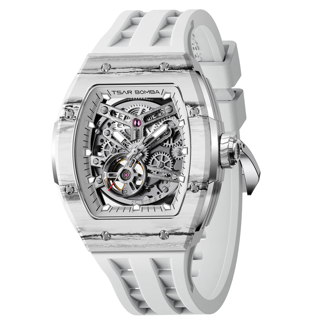 Montre Homme Automatique Squelette Tonneau Fibre de Carbone Tsar Bomba TB8228CF – CLEVI Paris