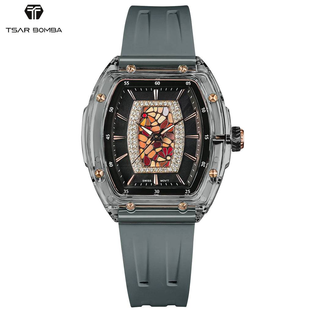 TSAR BOMBA TB8219 Montre Femme Quartz Suisse Nacre Zircons Boîtier Acrylique Bracelet Fluoroélastomère – CLEVI Paris