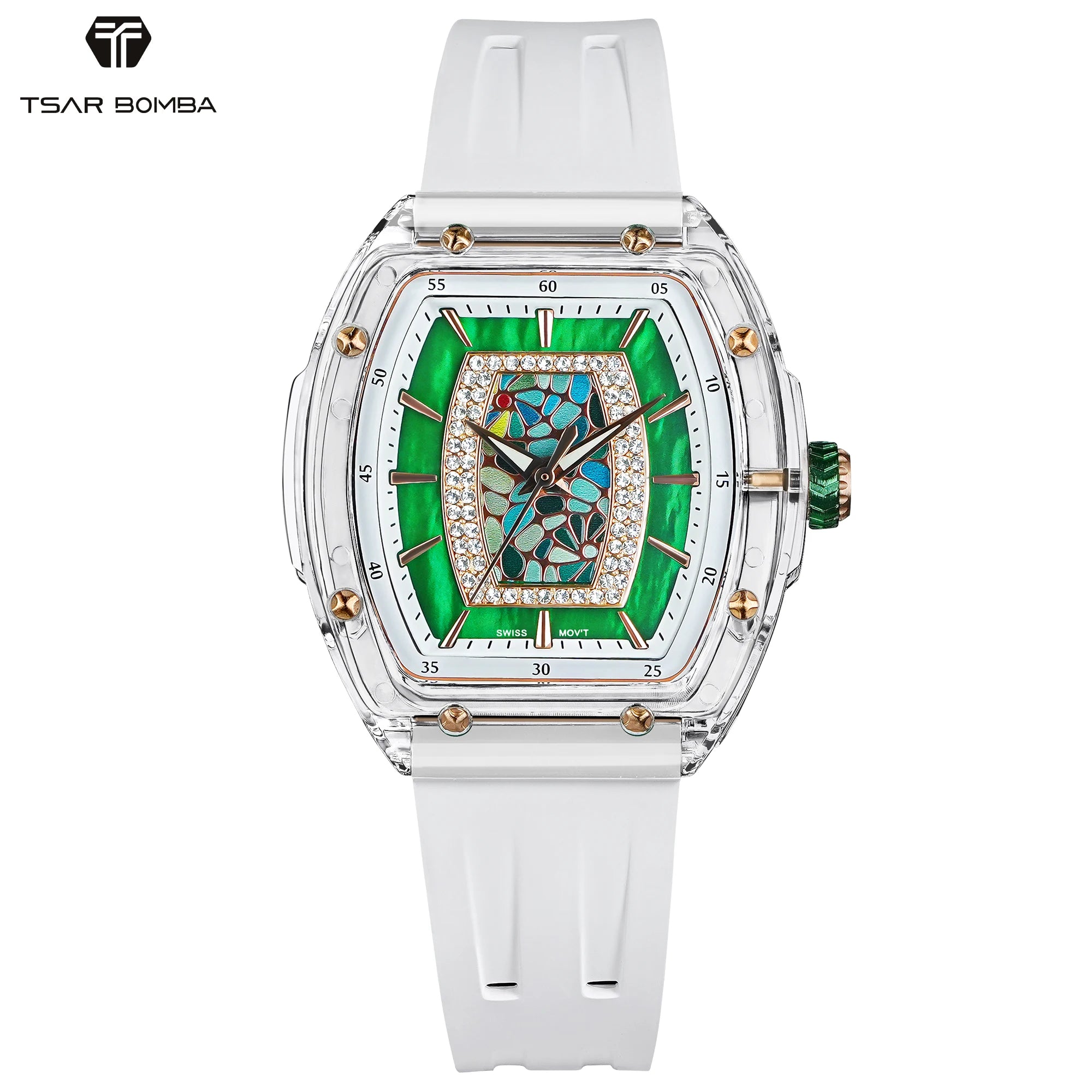 TSAR BOMBA TB8219 Montre Femme Quartz Suisse Nacre Zircons Boîtier Acrylique Bracelet Fluoroélastomère – CLEVI Paris
