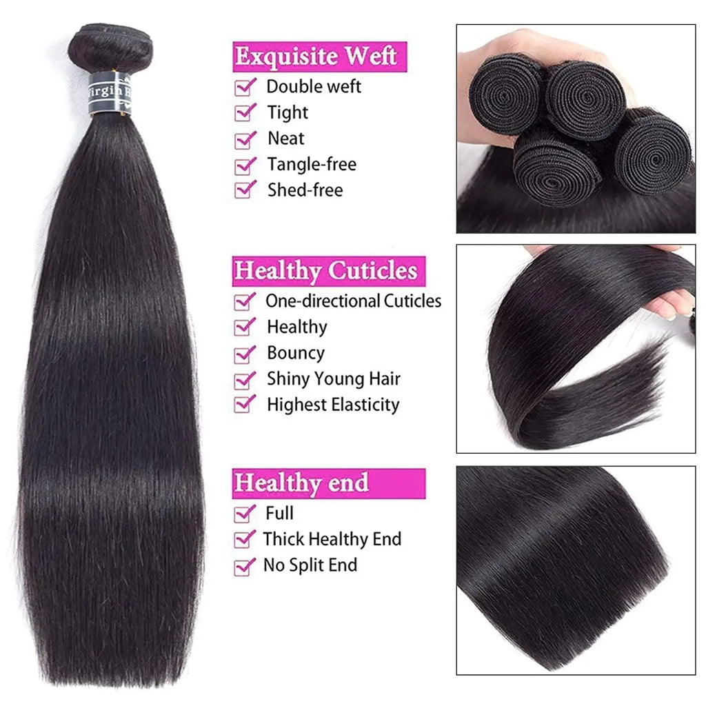 Mèches Straight Cheveux Humains Remy Hair 12A Brésilien Vierge Non Traité 1/3/4 Bundles 10-42 Pouces – CLEVI Paris
