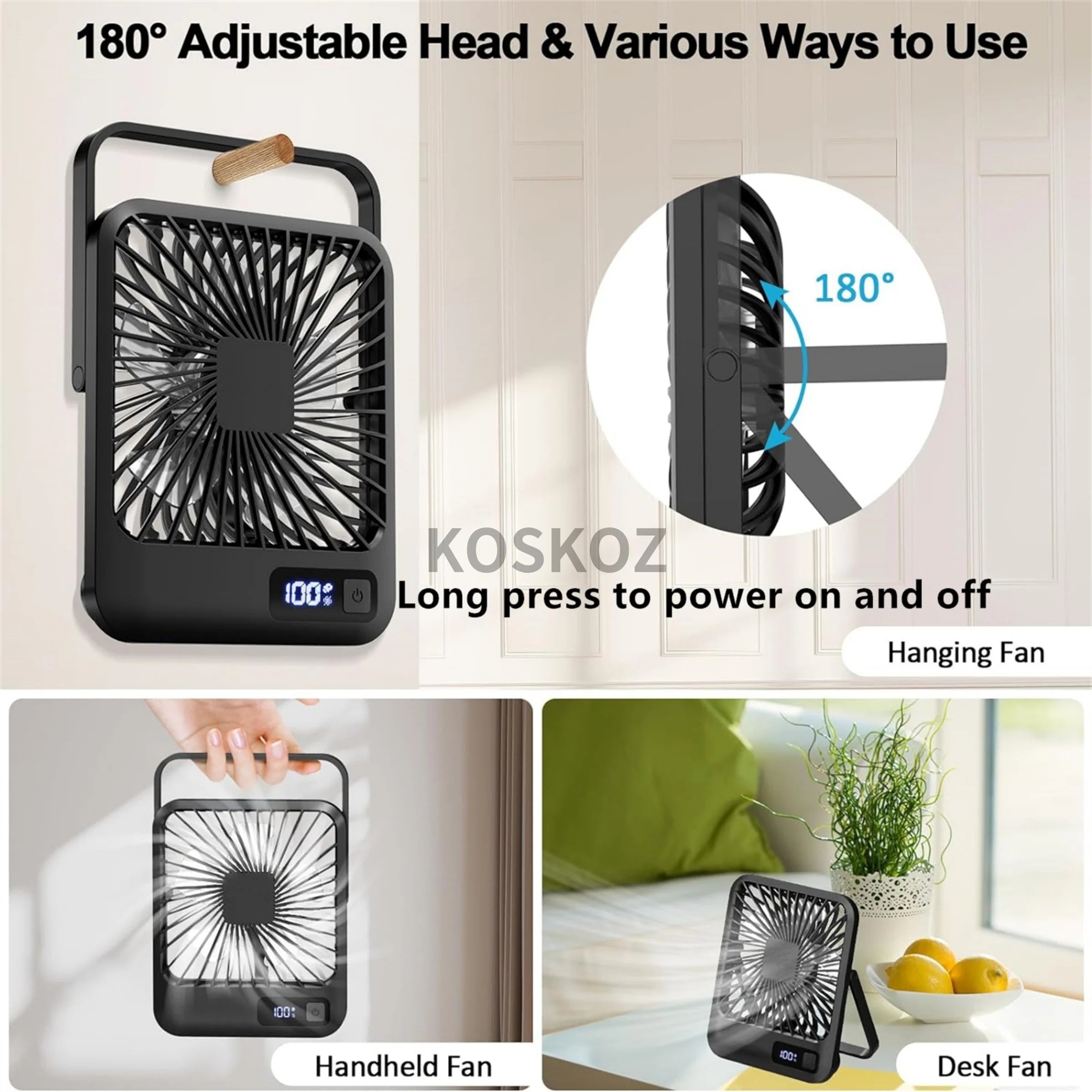Ventilateur de Bureau USB Rechargeable Pliable 180° 5 Vitesses Affichage Batterie – CLEVI Paris