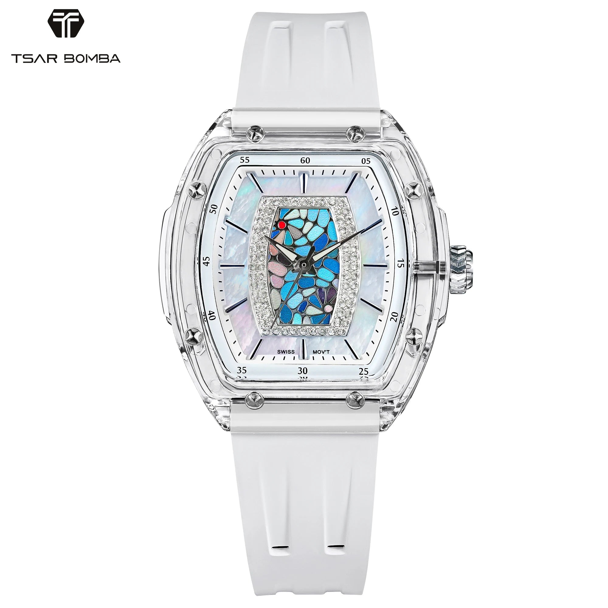 TSAR BOMBA TB8219 Montre Femme Quartz Suisse Nacre Zircons Boîtier Acrylique Bracelet Fluoroélastomère – CLEVI Paris