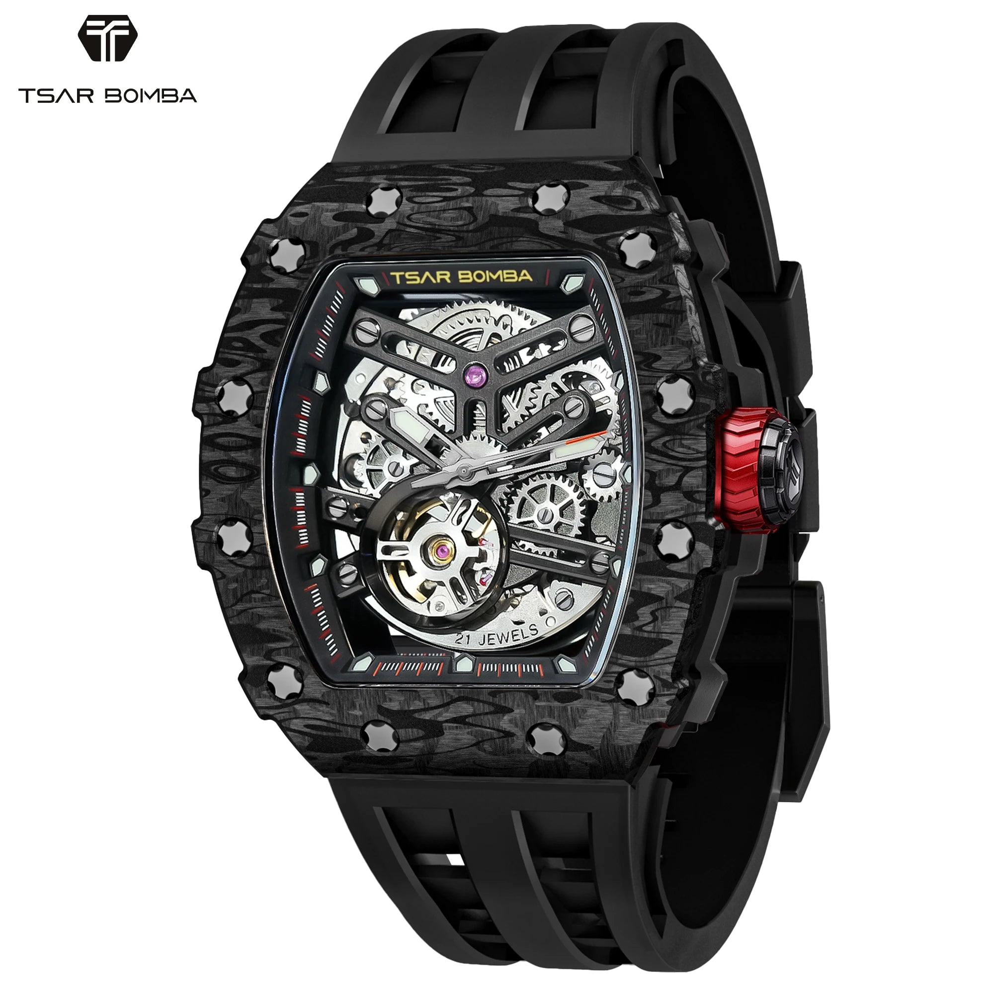 Montre Homme Automatique Squelette Tonneau Carbone Roue 7h Tsar Bomba TB8208CF – CLEVI Paris