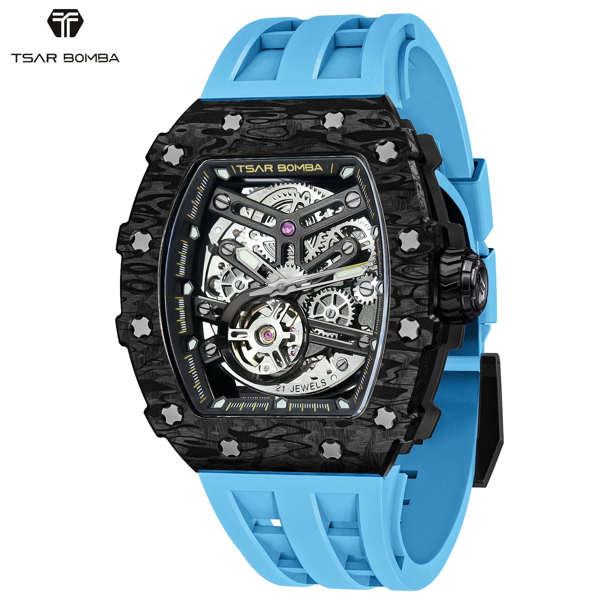 Montre Homme Automatique Squelette Tonneau Carbone Roue 7h Tsar Bomba TB8208CF – CLEVI Paris