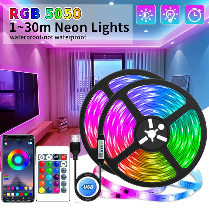 Ruban LED RGB USB 5V — SMD 5050, Contrôle WiFi / Bluetooth / IR / 3 Touches, 1m à 30m | CLEVI Paris