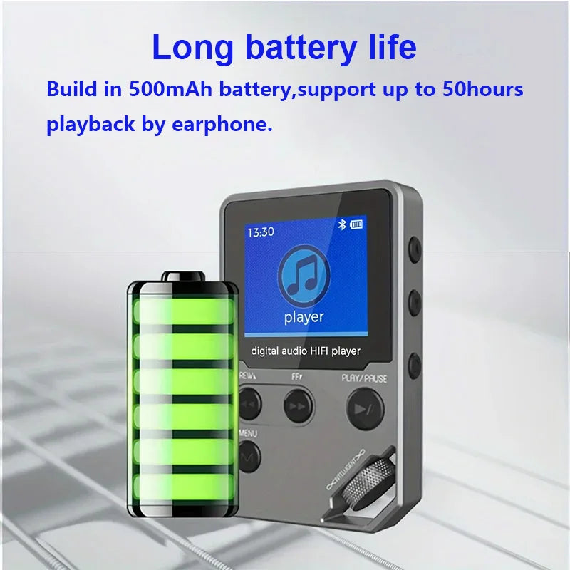Lecteur MP3 Bluetooth 8 Go – Boîtier Zinc, 50h d'autonomie, Radio FM & Enregistreur