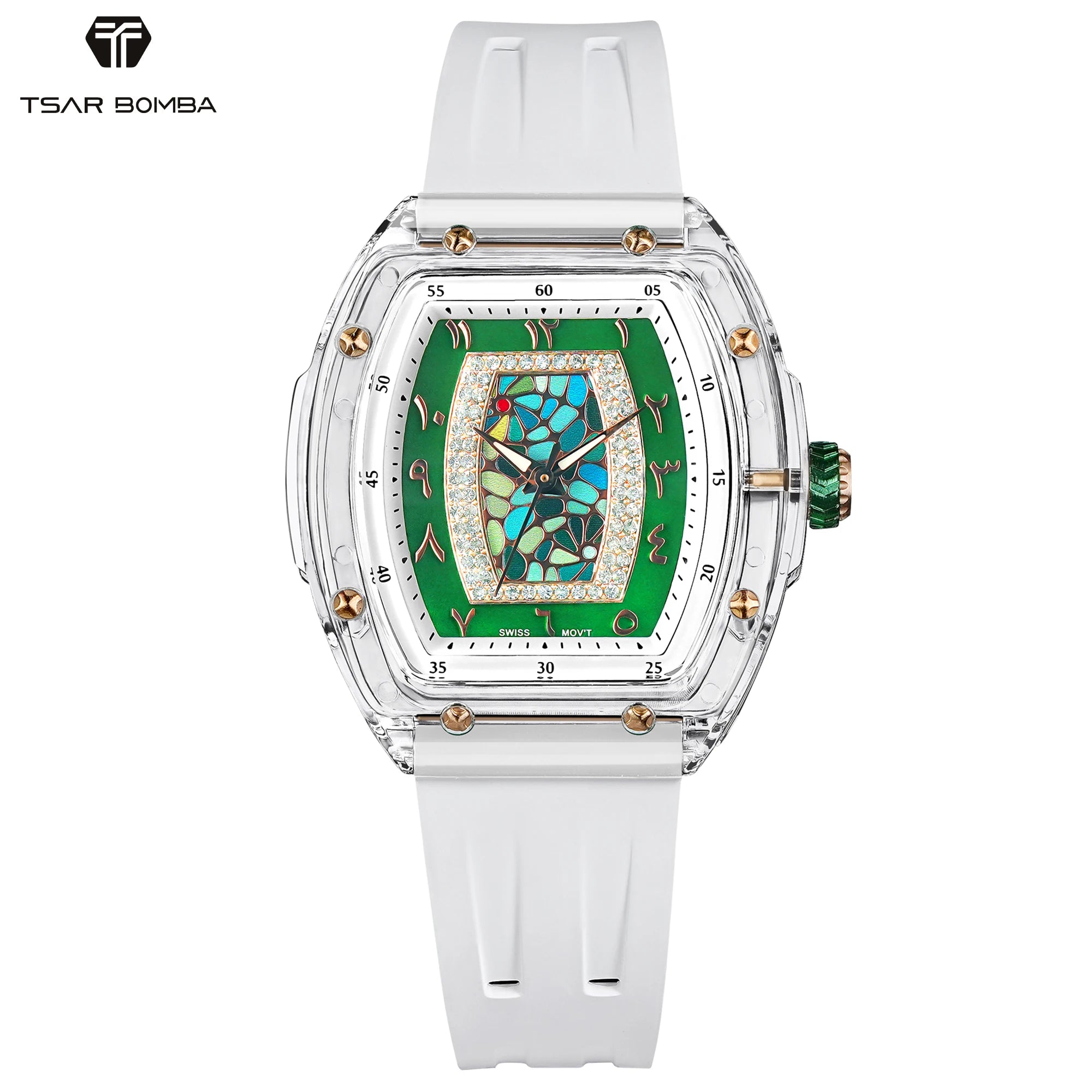 TSAR BOMBA TB8219 Montre Femme Quartz Suisse Nacre Zircons Boîtier Acrylique Bracelet Fluoroélastomère – CLEVI Paris