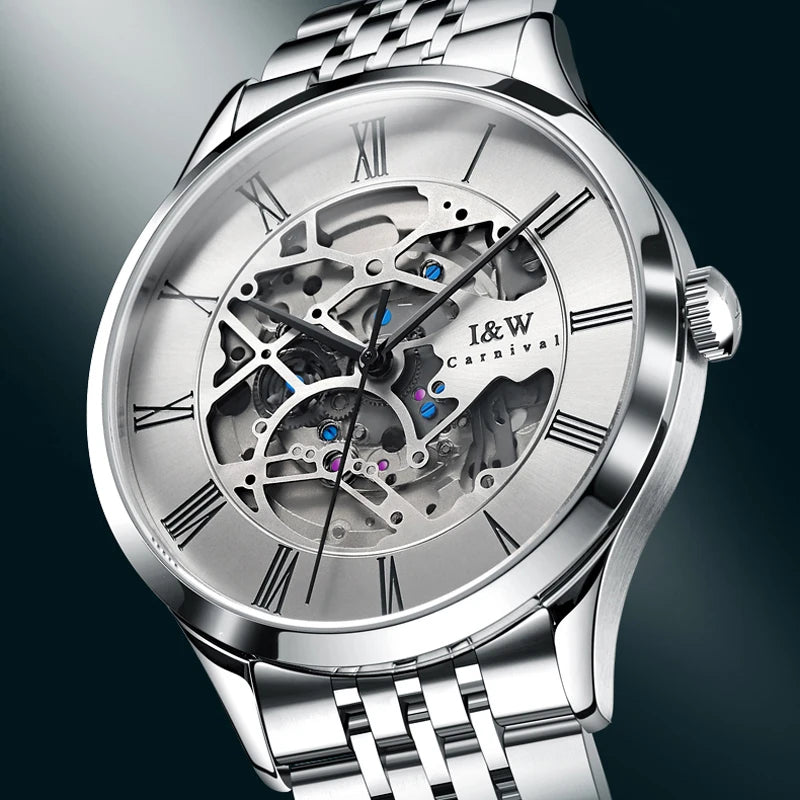 Montre CARNIVAL 8522 – Automatique Squelette, Verre Saphir, Acier Inoxydable, Chiffres Romains, Étanche 3 ATM – CLEVI Paris