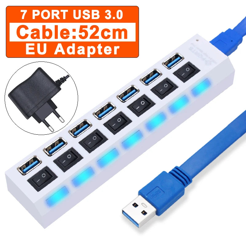 Hub USB 2.0 3.0 avec Interrupteurs 4 ou 7 Ports Prise EU US PC Mac – CLEVI Paris