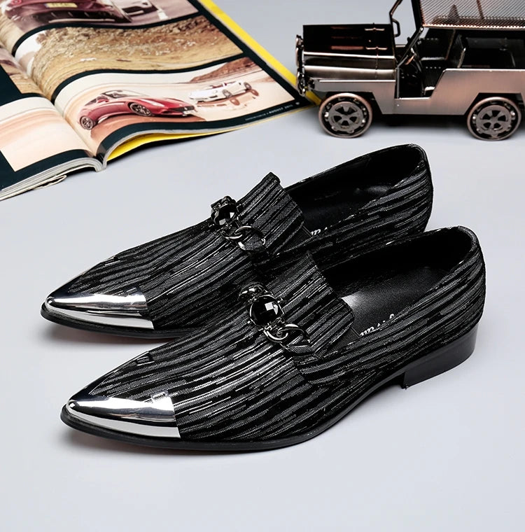 Oxford Homme Slip-On Toile Rayée Bout Pointu Embout Métal Respirant | Bureau & Soirée EU 36-49