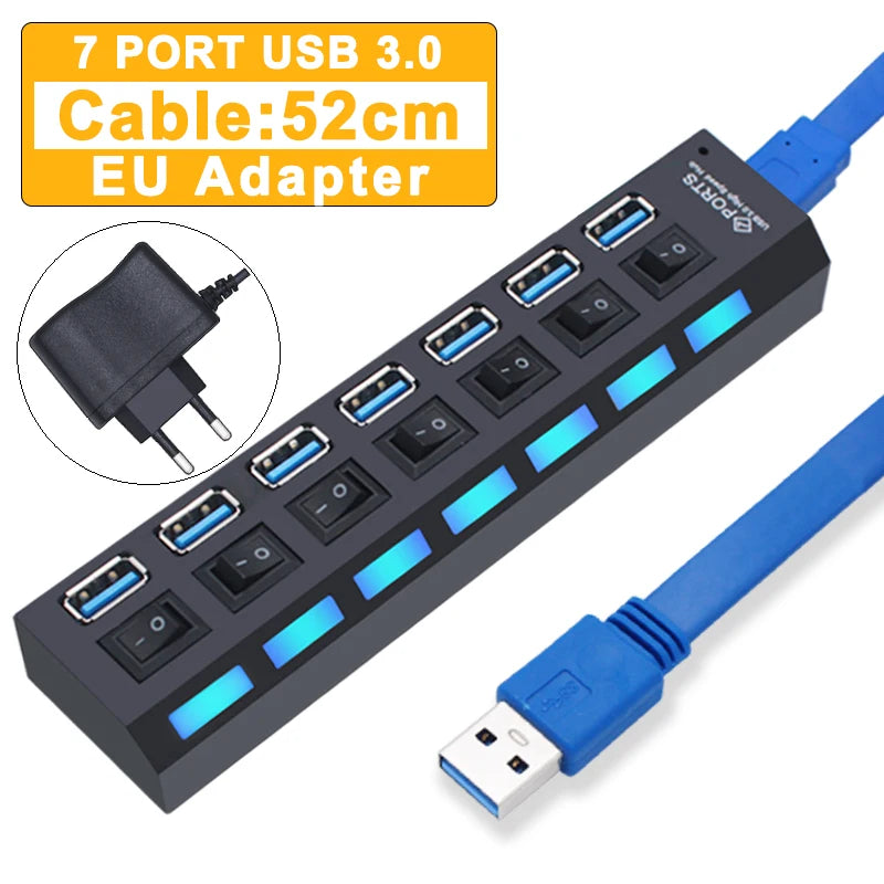 Hub USB 2.0 3.0 avec Interrupteurs 4 ou 7 Ports Prise EU US PC Mac – CLEVI Paris