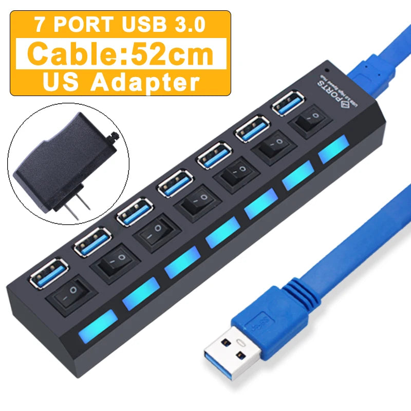 Hub USB 2.0 3.0 avec Interrupteurs 4 ou 7 Ports Prise EU US PC Mac – CLEVI Paris