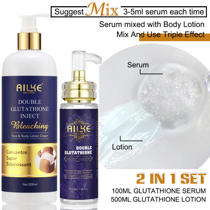 Lotions & Sérums Éclaircissants AILKE – Glutathion, Collagène & Huile de Carotène Corps & Visage – CLEVI Paris
