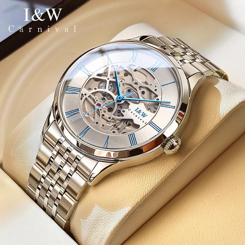 Montre CARNIVAL 8522 – Automatique Squelette, Verre Saphir, Acier Inoxydable, Chiffres Romains, Étanche 3 ATM – CLEVI Paris