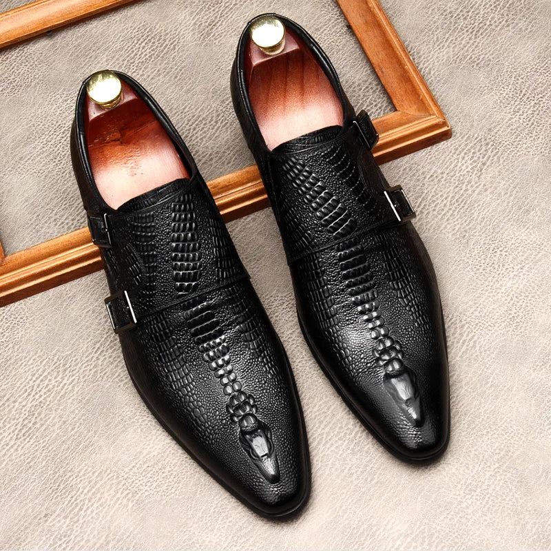 Derby Homme Cuir de Vache Motif Alligator Gaufré Bout Pointu Slip-On | Mariage & Tuxedo EU 37-45