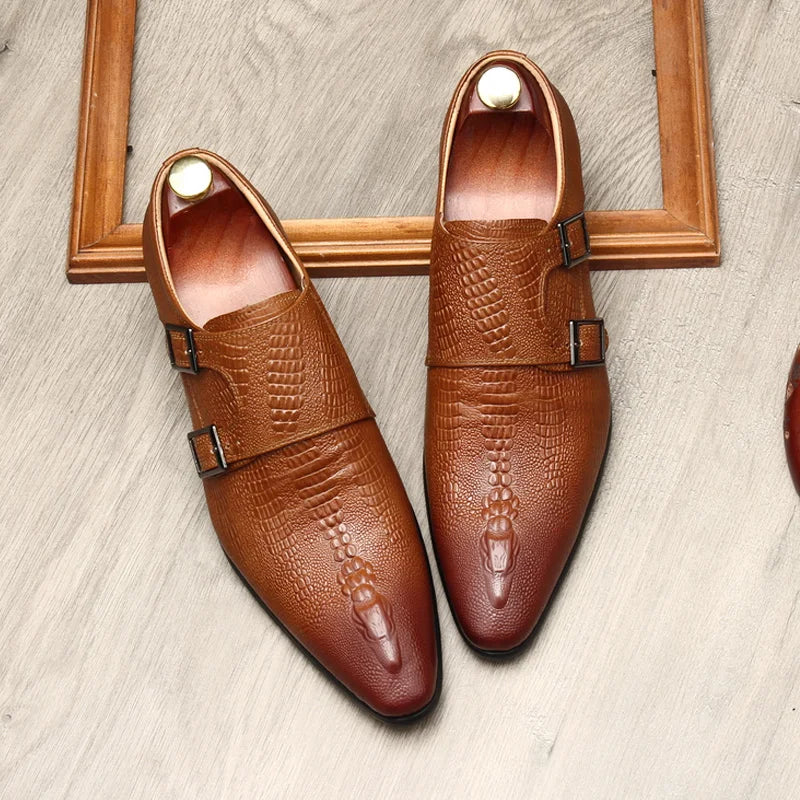 Derby Homme Cuir de Vache Motif Alligator Gaufré Bout Pointu Slip-On | Mariage & Tuxedo EU 37-45