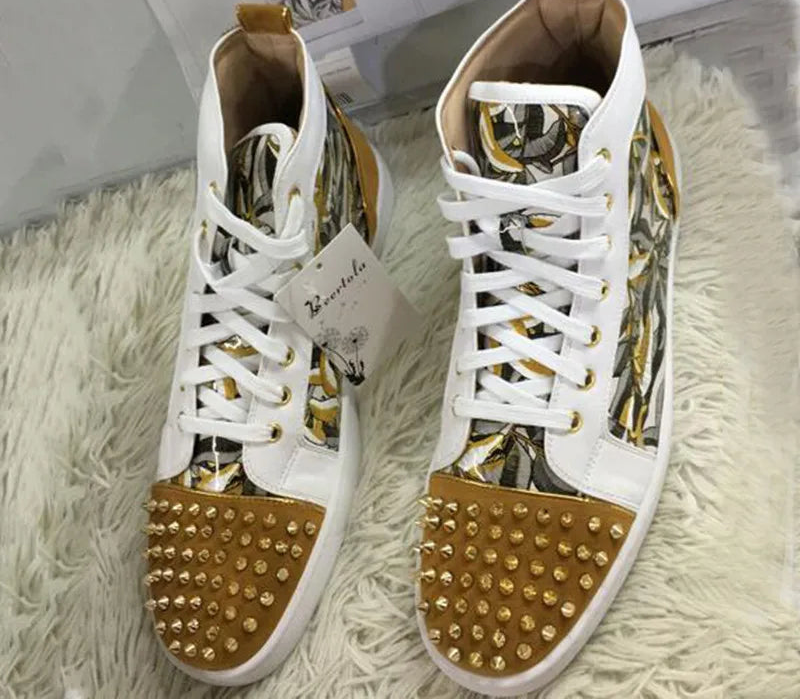 Sneakers Montantes Homme Cuir Imprimé Feuilles Rivets Street Style – Pointures 37-47 – CLEVI Paris
