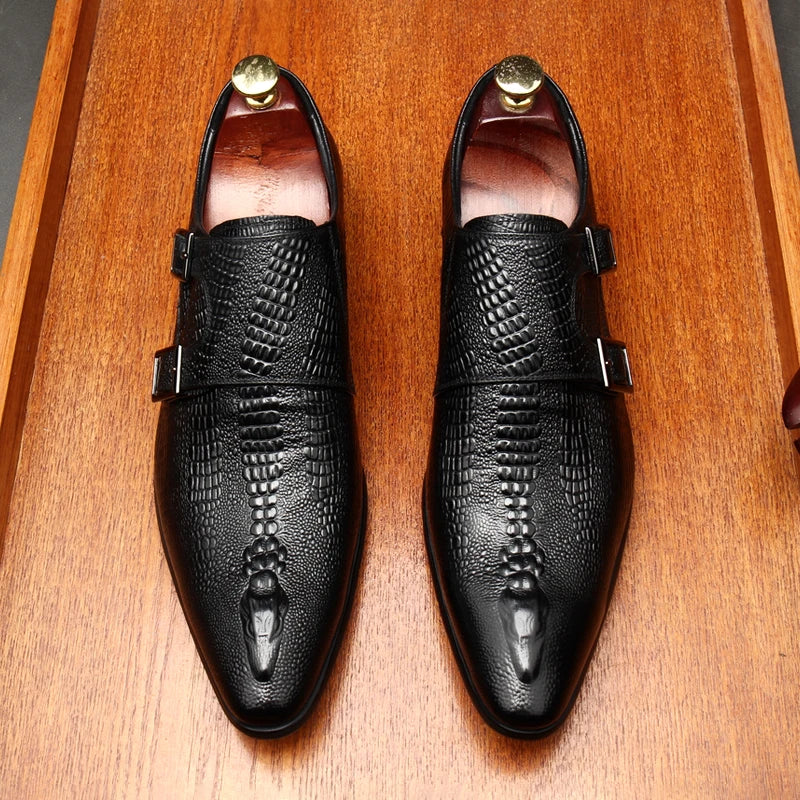 Derby Homme Cuir de Vache Motif Alligator Gaufré Bout Pointu Slip-On | Mariage & Tuxedo EU 37-45