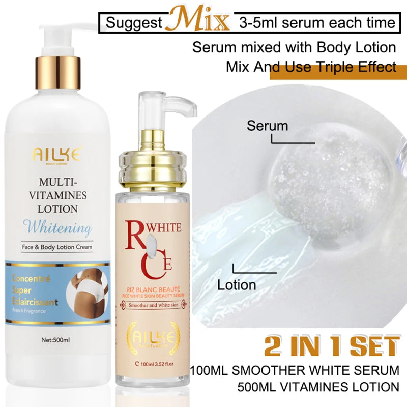 Lotions & Sérums Éclaircissants AILKE – Glutathion, Collagène & Huile de Carotène Corps & Visage – CLEVI Paris