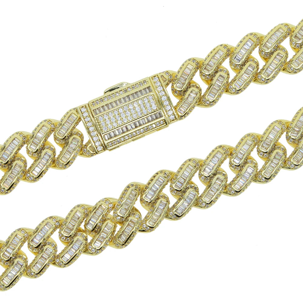 Collier Cuban Link 14mm Iced Out Zircone 5A – Hip Hop Mixte Or & Platine