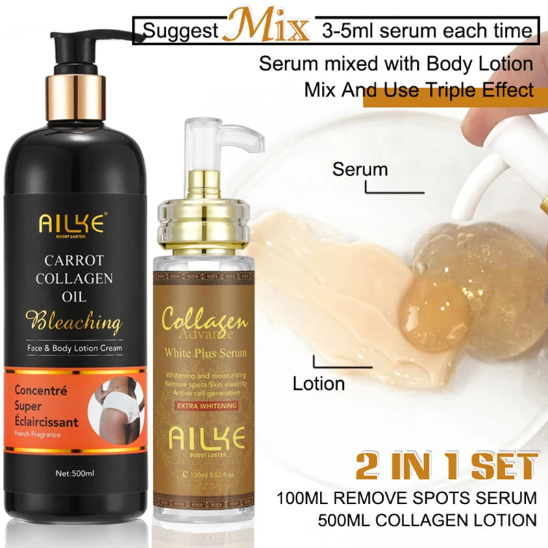 Lotions & Sérums Éclaircissants AILKE – Glutathion, Collagène & Huile de Carotène Corps & Visage – CLEVI Paris