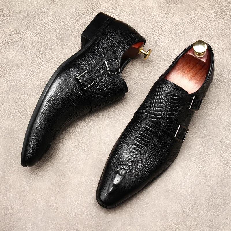 Derby Homme Cuir de Vache Motif Alligator Gaufré Bout Pointu Slip-On | Mariage & Tuxedo EU 37-45