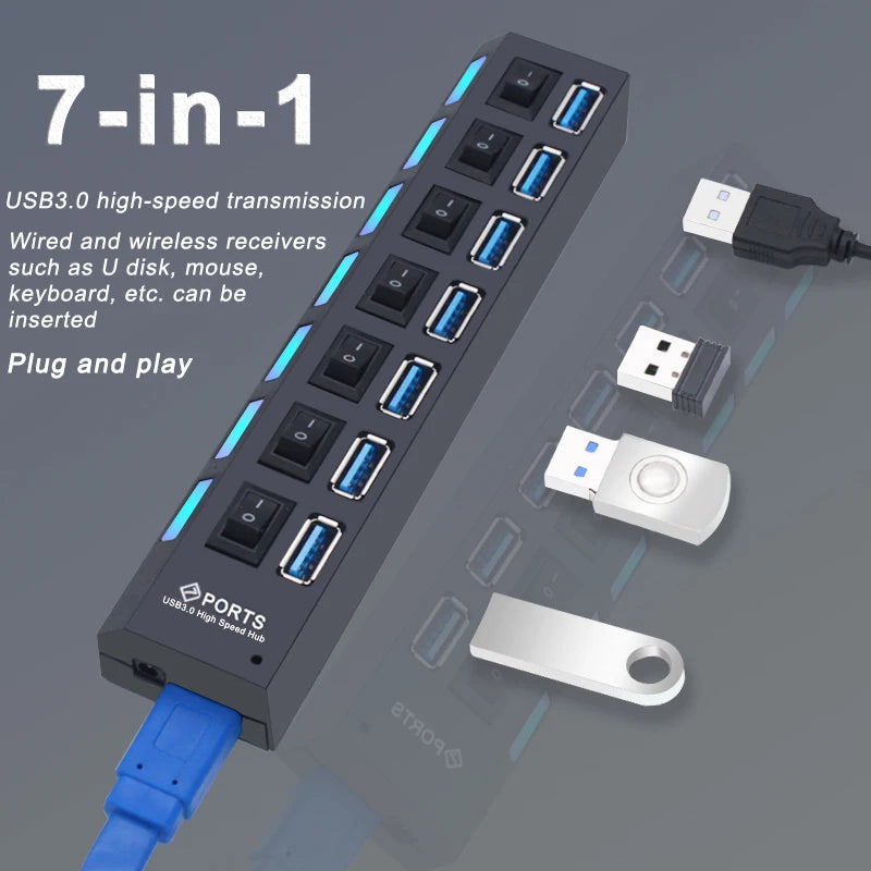 Hub USB 2.0 3.0 avec Interrupteurs 4 ou 7 Ports Prise EU US PC Mac – CLEVI Paris