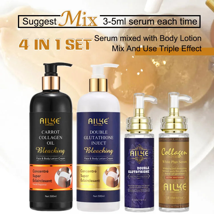 Lotions & Sérums Éclaircissants AILKE – Glutathion, Collagène & Huile de Carotène Corps & Visage – CLEVI Paris