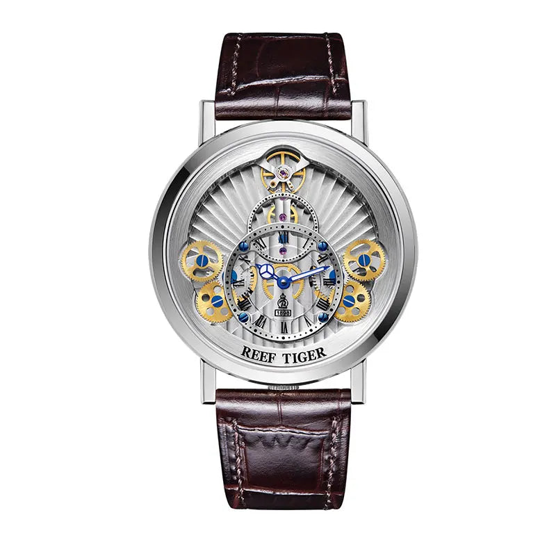 Montre Homme Quartz Squelette Ultra-Plat Or Rose Cuir Reef Tiger RGA1958 – CLEVI Paris