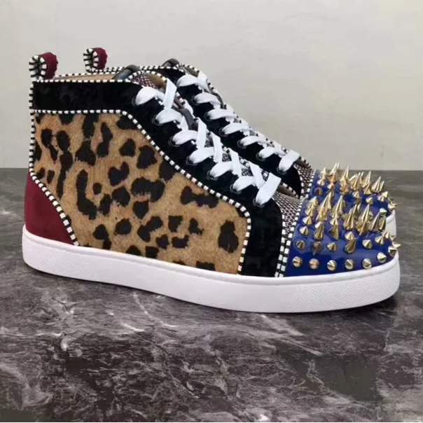 Sneakers Homme Imprimé Léopard – Clous, Patchwork Bicolore, Respirantes, Lacets | Tailles 37–47