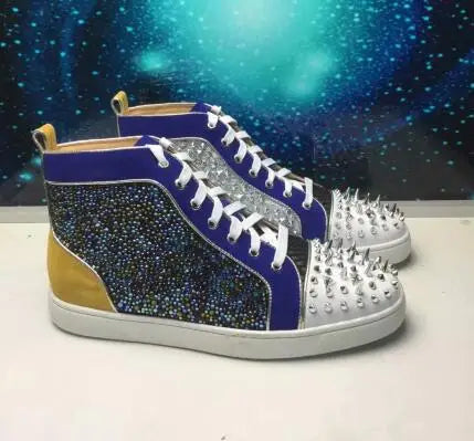 Sneakers Montantes Homme Rivets Street Style Bleu Doré à Lacets – Pointures 37-47 – CLEVI Paris