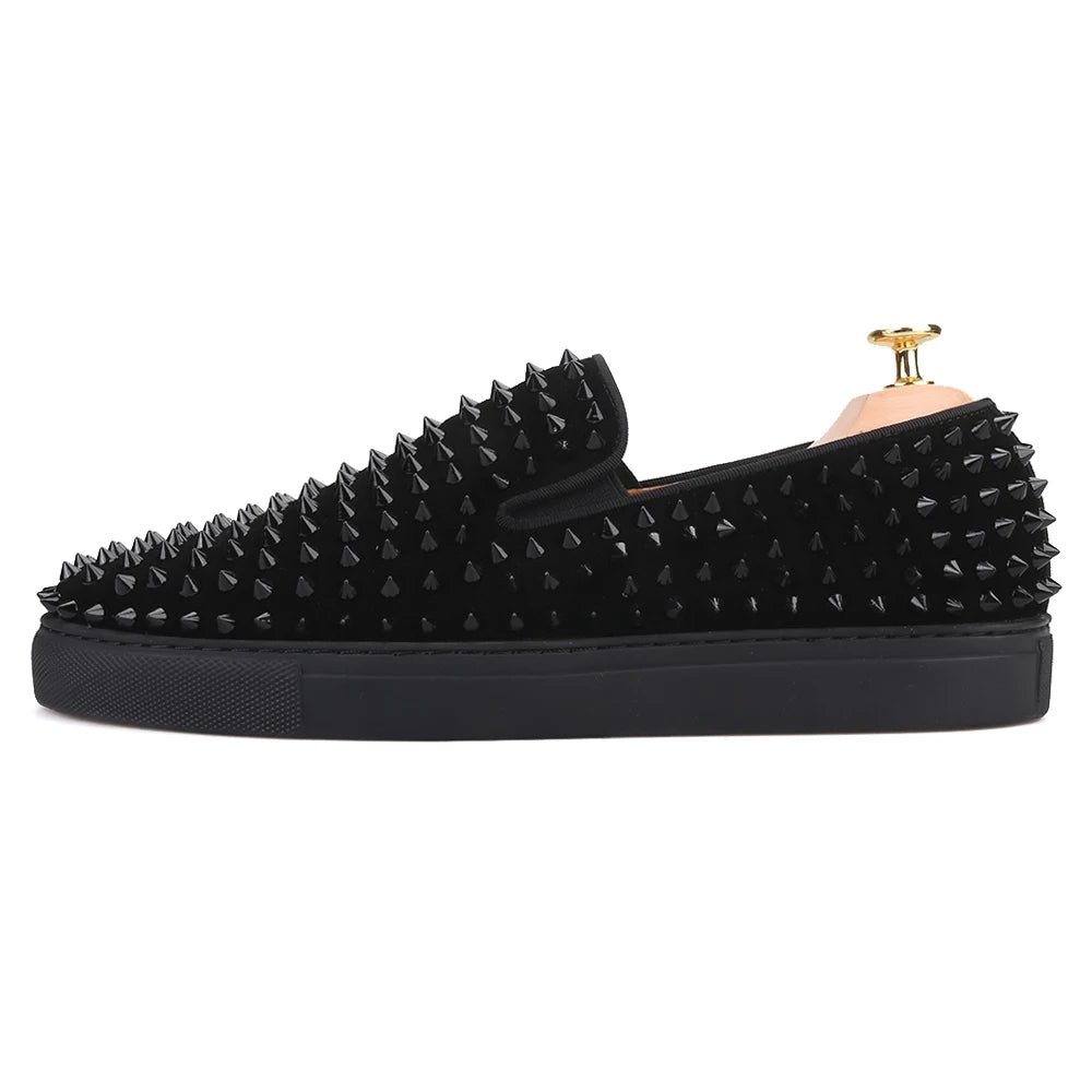 Mocassins Cuir Suède Spikes Homme Noir & Rouge – Tailles US 4-13 – CLEVI Paris