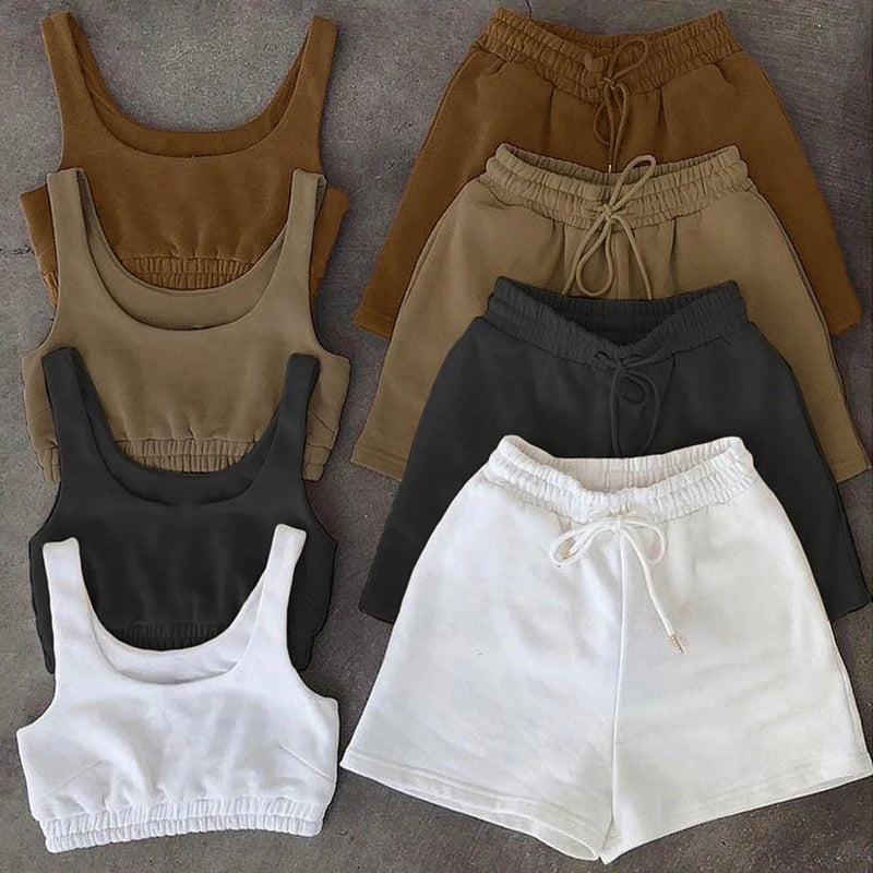 Ensemble 2 Pièces Femme Crop Top Col Carré Sans Manches Short Cycliste Streetwear Fitness Été – CLEVI Paris