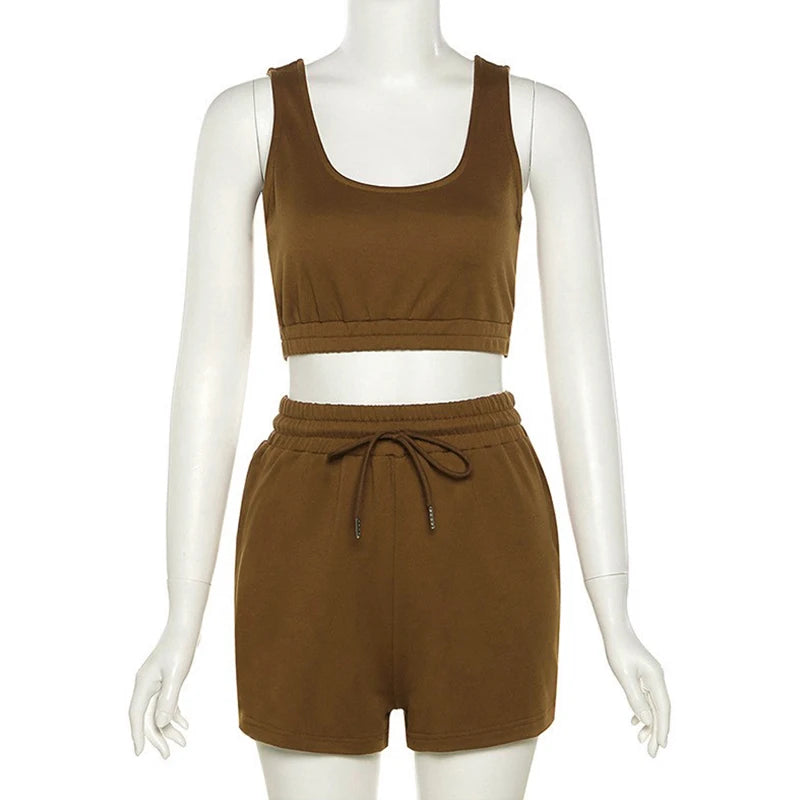 Ensemble 2 Pièces Femme Crop Top Col Carré Sans Manches Short Cycliste Streetwear Fitness Été – CLEVI Paris