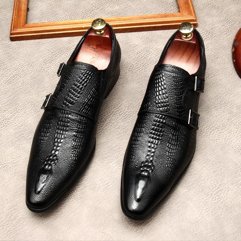 Derby Homme Cuir de Vache Motif Alligator Gaufré Bout Pointu Slip-On | Mariage & Tuxedo EU 37-45