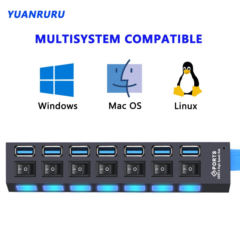 Hub USB 2.0 3.0 avec Interrupteurs 4 ou 7 Ports Prise EU US PC Mac – CLEVI Paris