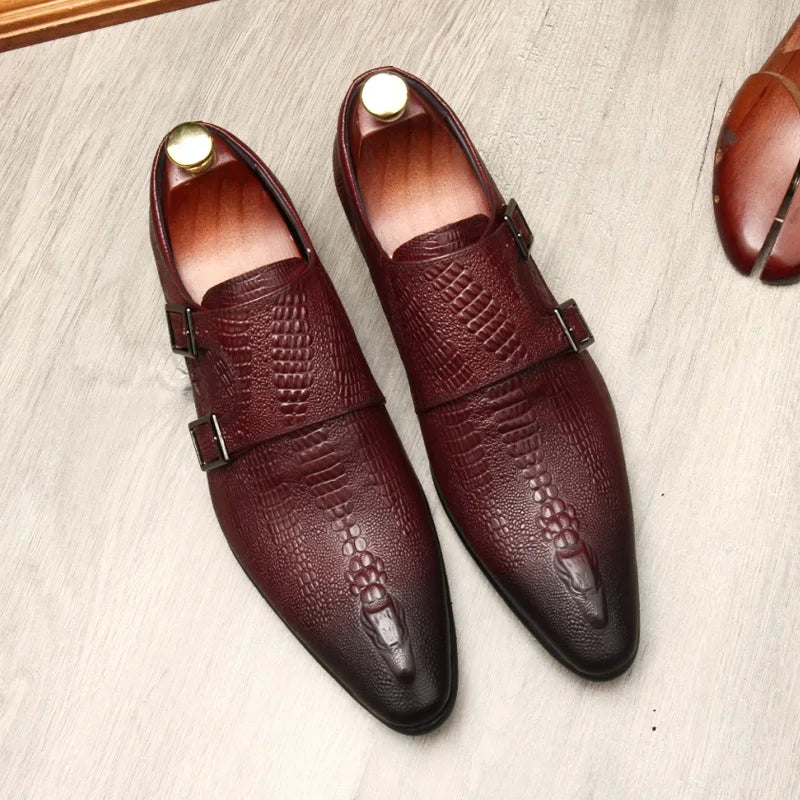 Derby Homme Cuir de Vache Motif Alligator Gaufré Bout Pointu Slip-On | Mariage & Tuxedo EU 37-45