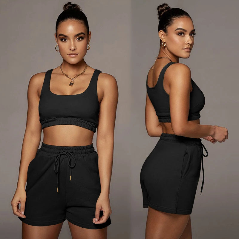 Ensemble 2 Pièces Femme Crop Top Col Carré Sans Manches Short Cycliste Streetwear Fitness Été – CLEVI Paris