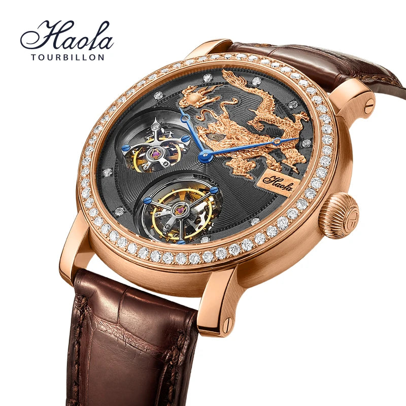 Montre Homme Double Tourbillon HAOFA K002 – Or Massif 18K Diamants Afrique du Sud Bracelet Alligator Édition Limitée – CLEVI Paris