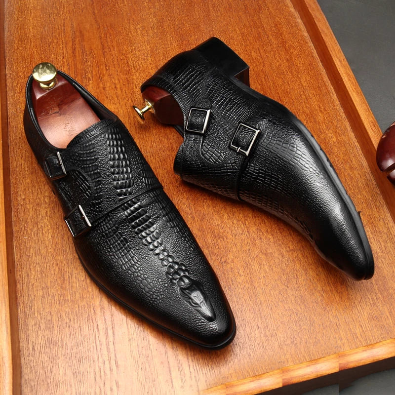 Derby Homme Cuir de Vache Motif Alligator Gaufré Bout Pointu Slip-On | Mariage & Tuxedo EU 37-45
