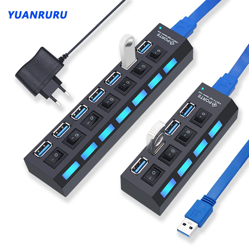 Hub USB 2.0 3.0 avec Interrupteurs 4 ou 7 Ports Prise EU US PC Mac – CLEVI Paris