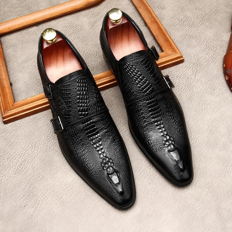 Derby Homme Cuir de Vache Motif Alligator Gaufré Bout Pointu Slip-On | Mariage & Tuxedo EU 37-45