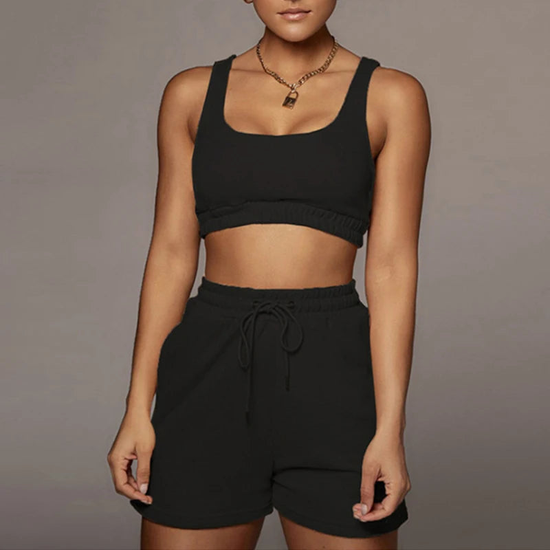 Ensemble 2 Pièces Femme Crop Top Col Carré Sans Manches Short Cycliste Streetwear Fitness Été – CLEVI Paris